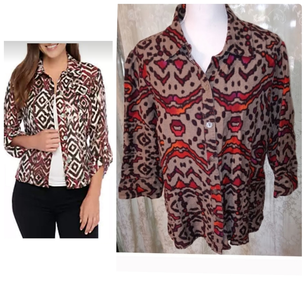 Aztec Print Shacket Linen Pattern Button Down Large Shirt Jacket 90s Red Size L